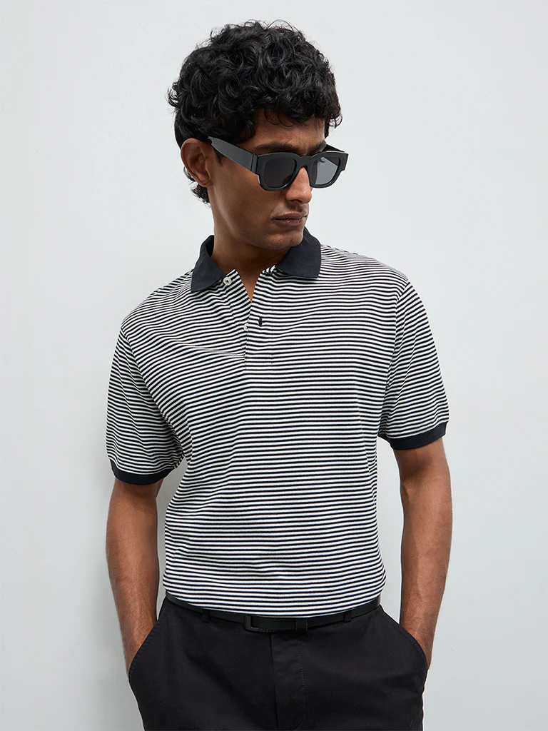 WES Casuals Black Striped Relaxed-Fit Polo T-Shirt