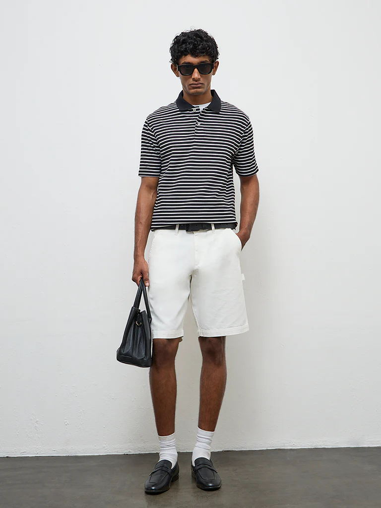 WES Casuals Black Striped Relaxed-Fit Polo T-Shirt - Image 3