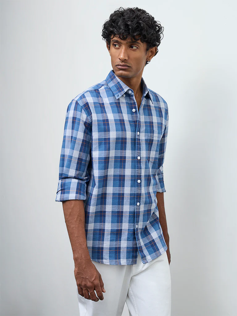 WES Casuals Blue Checkered Relaxed Fit Cotton Shirt