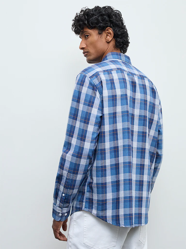 WES Casuals Blue Checkered Relaxed Fit Cotton Shirt - Image 4