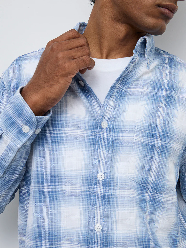 WES Casuals Blue Checkered Relaxed-Fit Cotton Shirt - Image 3