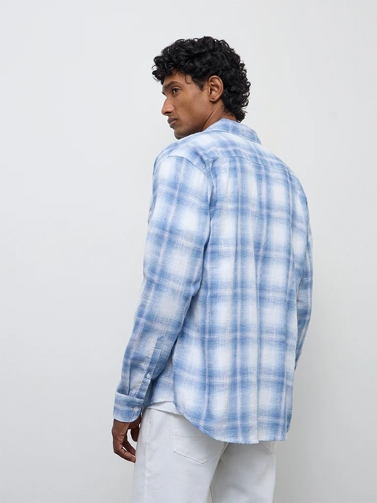 WES Casuals Blue Checkered Relaxed-Fit Cotton Shirt - Image 4