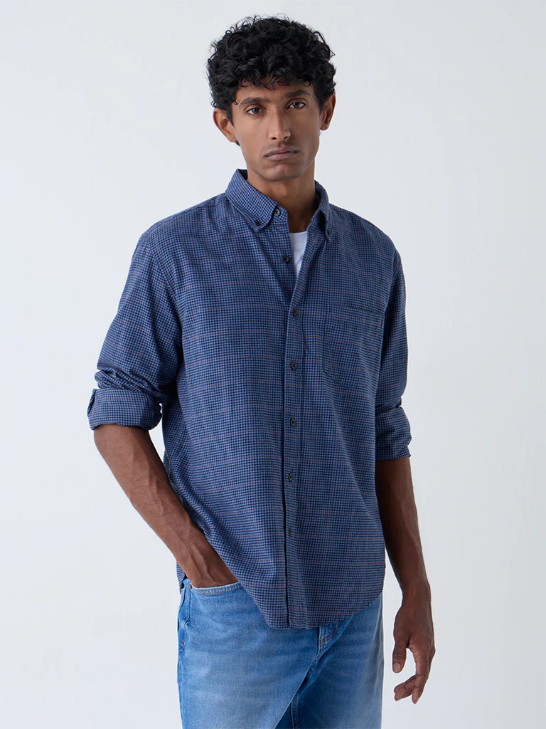 WES Casuals Blue Checks Detailed Relaxed-Fit Cotton Shirt - Image 2