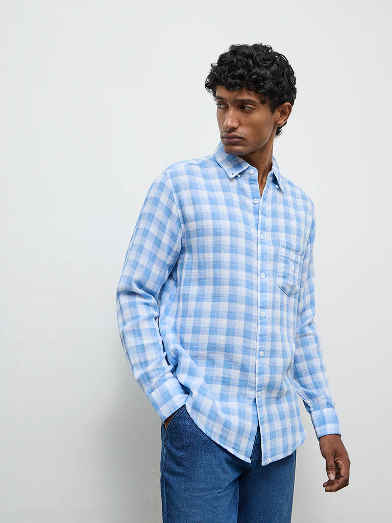 WES Casuals Blue Checks Printed Relaxed-Fit Cotton Shirt - Image 3