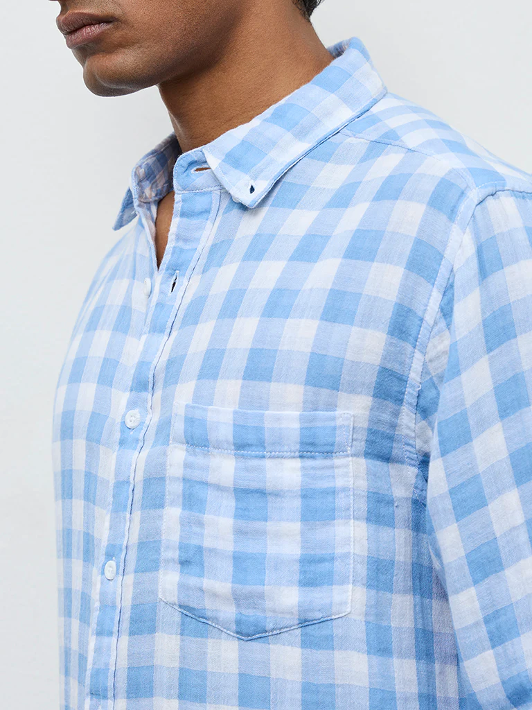WES Casuals Blue Checks Printed Relaxed-Fit Cotton Shirt - Image 4