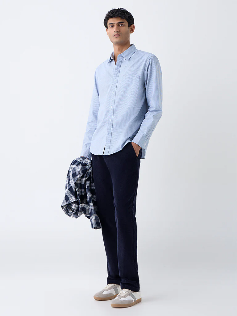 WES Casuals Blue Pinstriped Cotton Relaxed-Fit Cotton  Shirt - Image 2