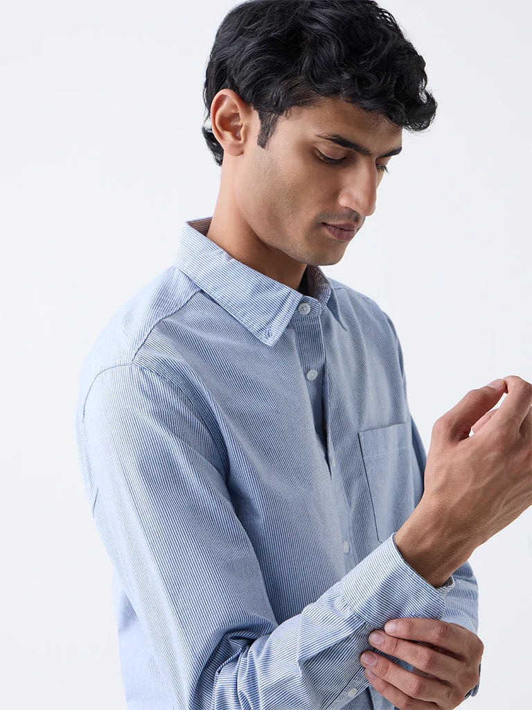 WES Casuals Blue Pinstriped Cotton Relaxed-Fit Cotton  Shirt - Image 3