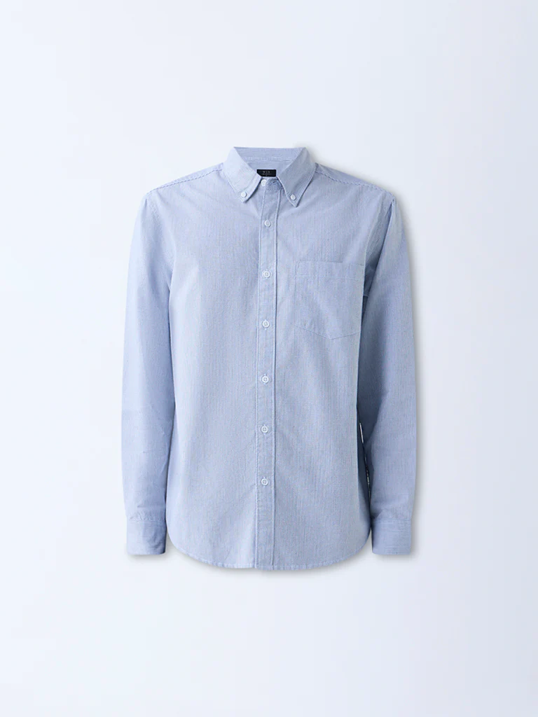 WES Casuals Blue Pinstriped Cotton Relaxed-Fit Cotton  Shirt - Image 5
