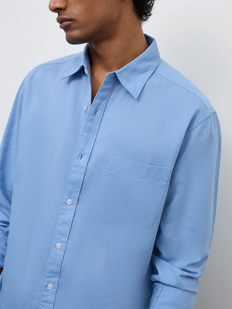 WES Casuals Blue Relaxed-Fit Cotton-Blend Blend Shirt - Image 4
