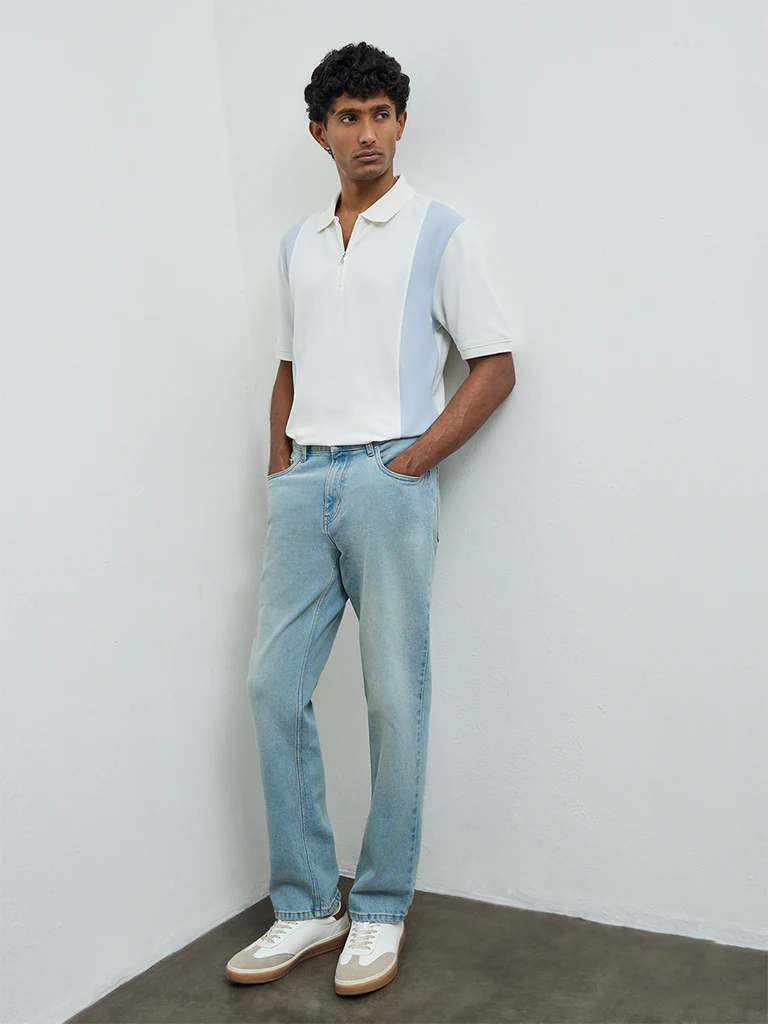 WES Casuals Blue Relaxed-Fit Cotton-Blend Quarter-Zip Polo T-Shirt - Image 3
