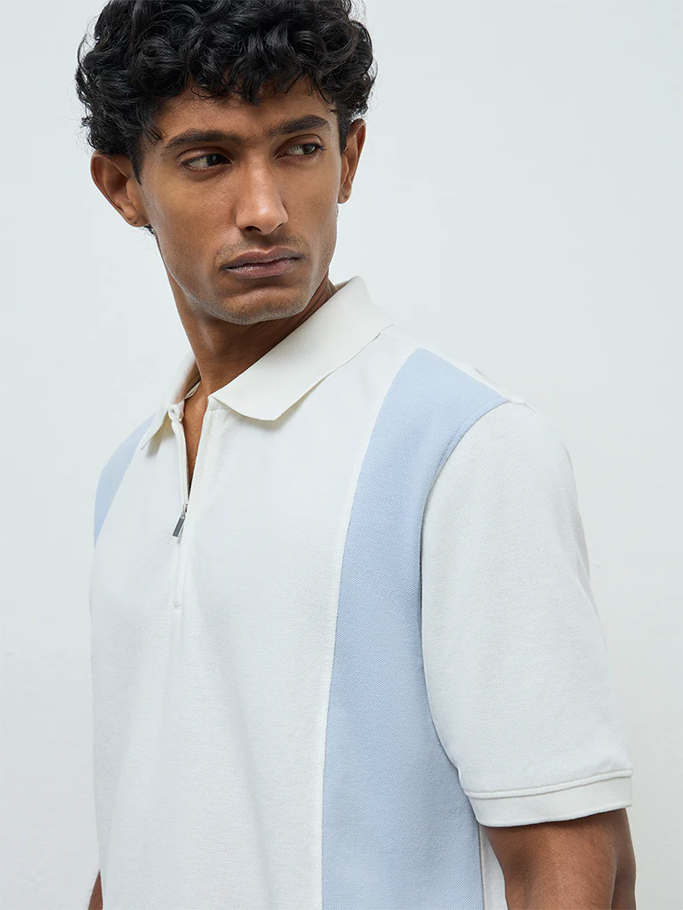 WES Casuals Blue Relaxed-Fit Cotton-Blend Quarter-Zip Polo T-Shirt - Image 4