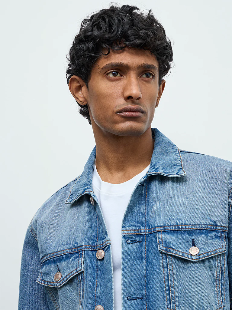 WES Casuals Blue Relaxed-Fit Denim Jacket - Image 3