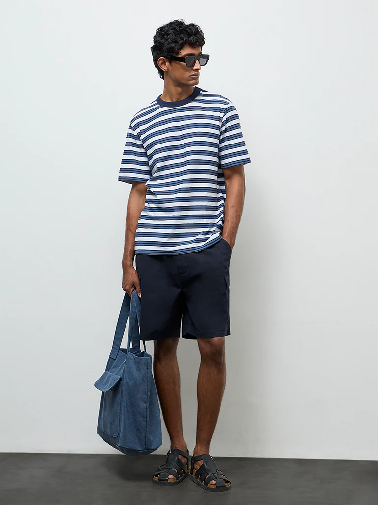 WES Casuals Blue Stripe Relaxed-Fit Cotton T-Shirt