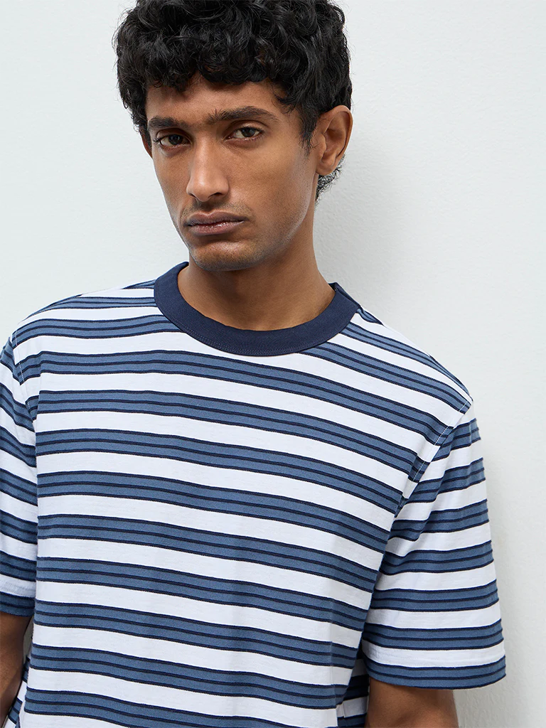 WES Casuals Blue Stripe Relaxed-Fit Cotton T-Shirt - Image 4