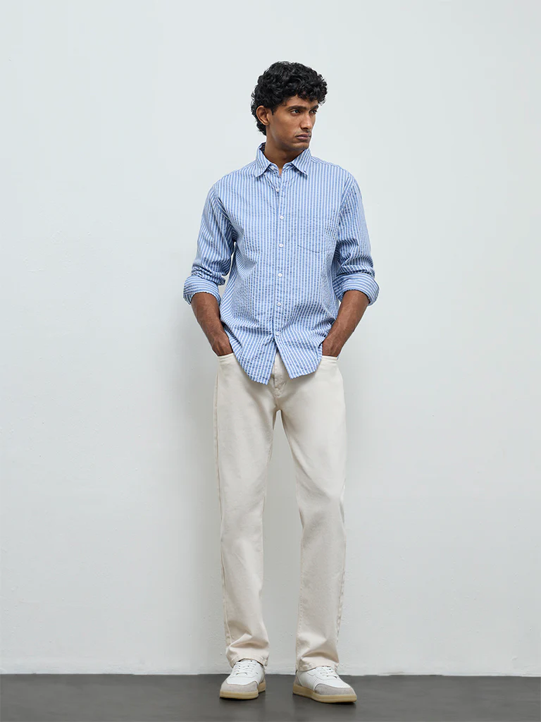 WES Casuals Blue Striped Relaxed-Fit Cotton-Blend Shirt