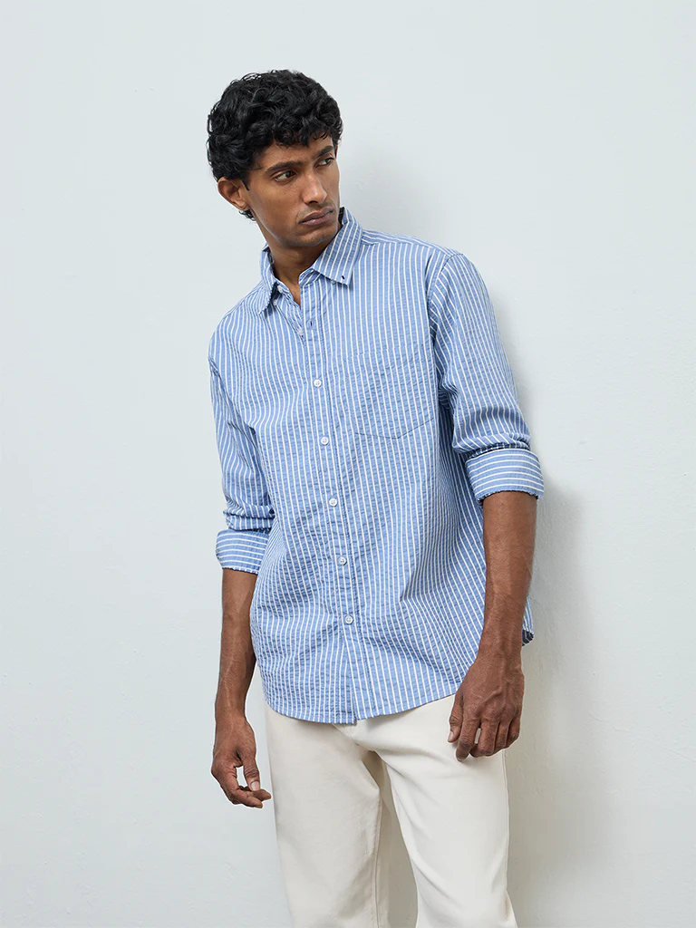 WES Casuals Blue Striped Relaxed-Fit Cotton-Blend Shirt - Image 2