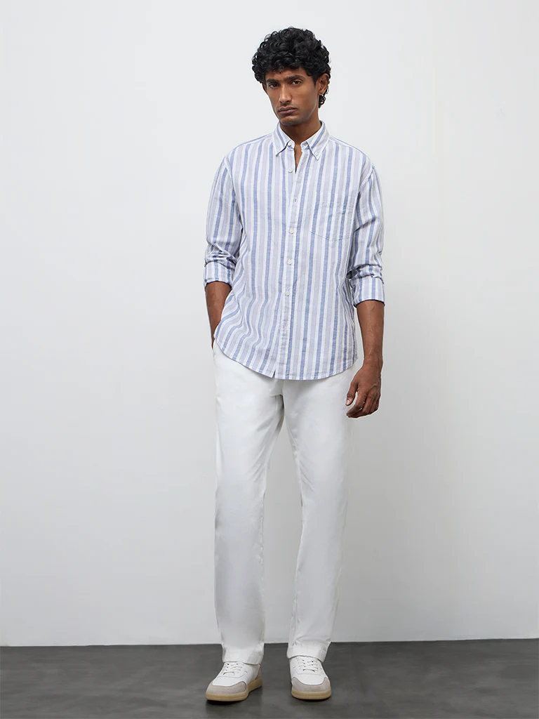 WES Casuals Blue Striped Relaxed-Fit Cotton-Blend Shirt - Image 2