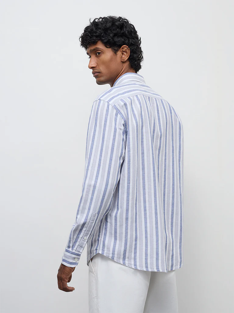 WES Casuals Blue Striped Relaxed-Fit Cotton-Blend Shirt - Image 4