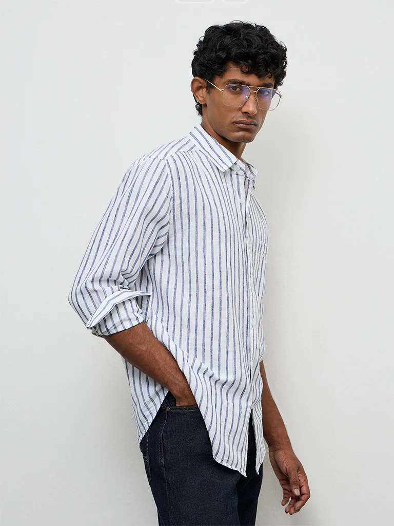 WES Casuals Blue Striped Relaxed-Fit Cotton-Blend Shirt - Image 2