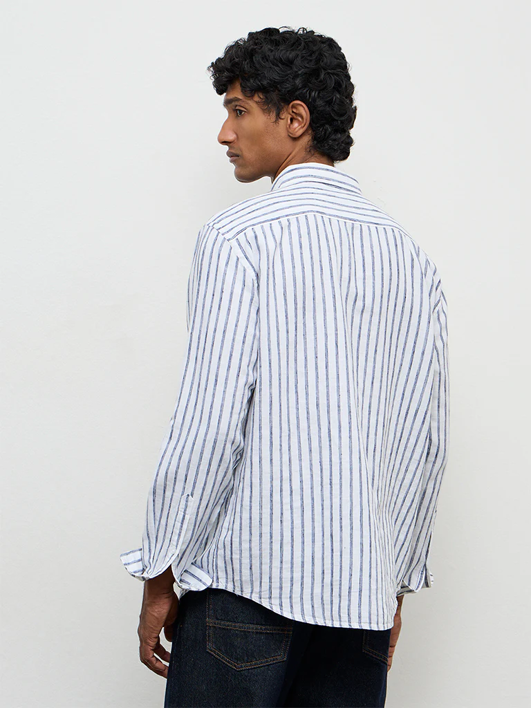 WES Casuals Blue Striped Relaxed-Fit Cotton-Blend Shirt - Image 4