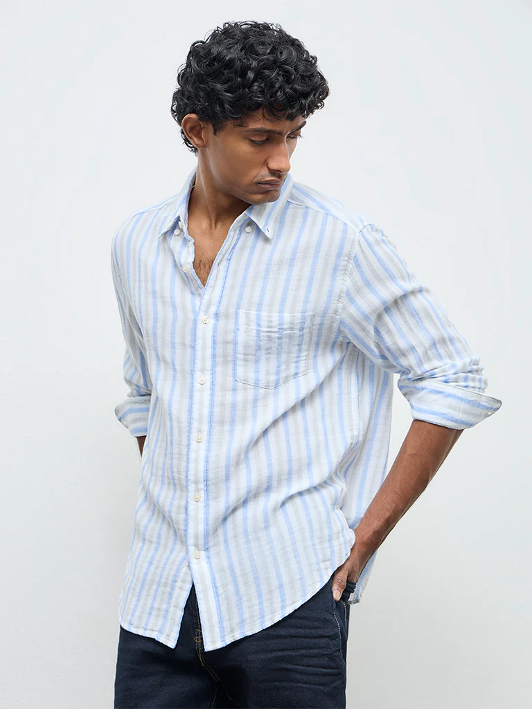 WES Casuals Blue Striped Relaxed-Fit Cotton Shirt