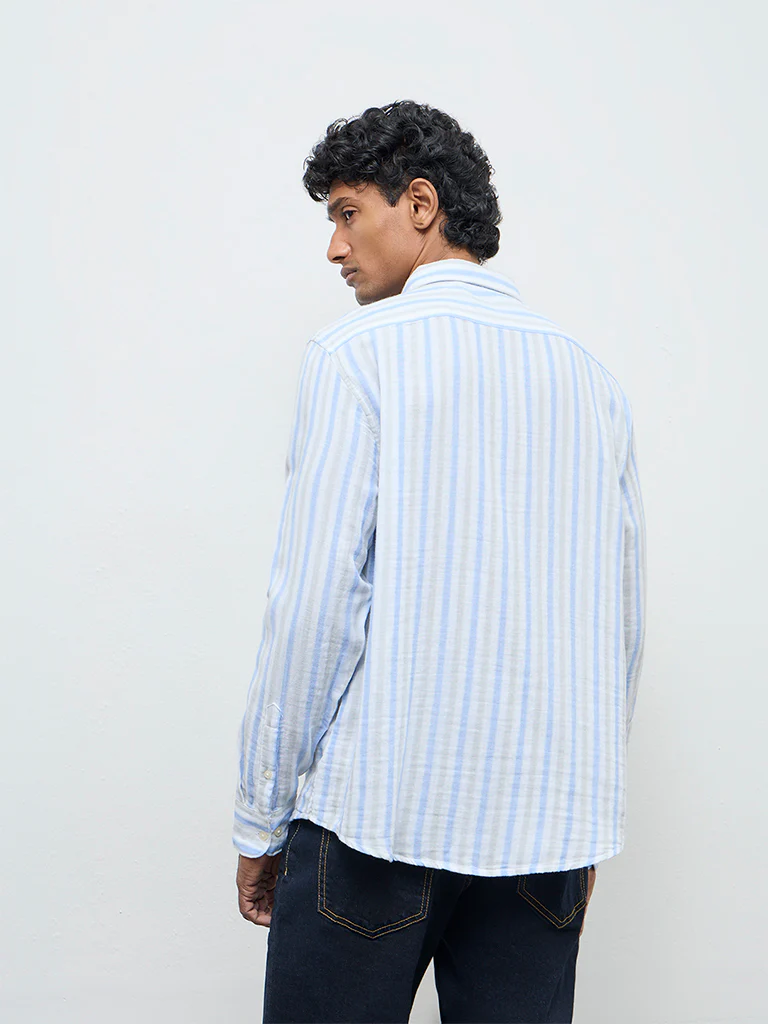 WES Casuals Blue Striped Relaxed-Fit Cotton Shirt - Image 3
