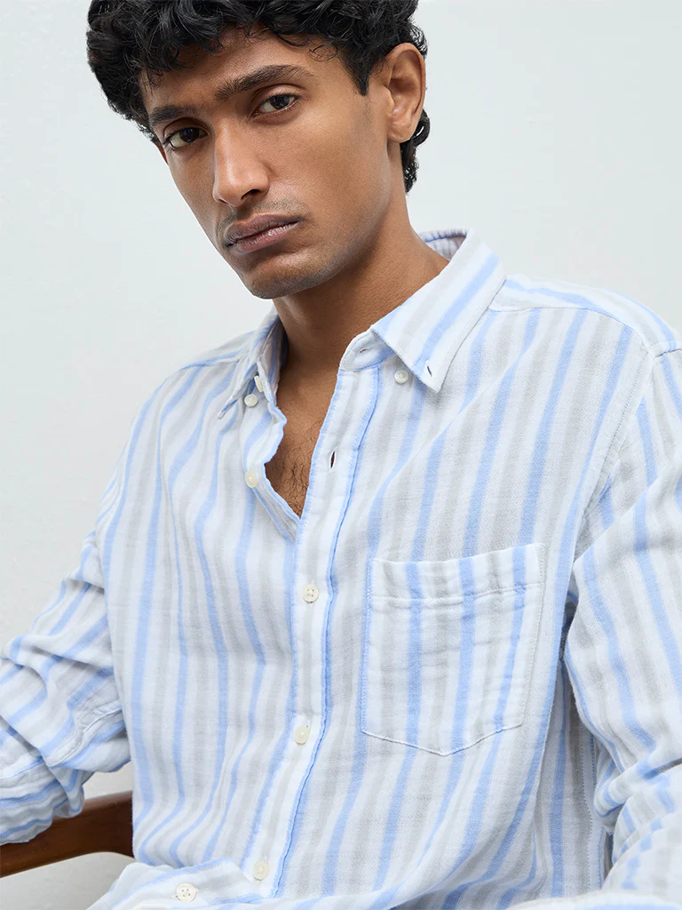 WES Casuals Blue Striped Relaxed-Fit Cotton Shirt - Image 4