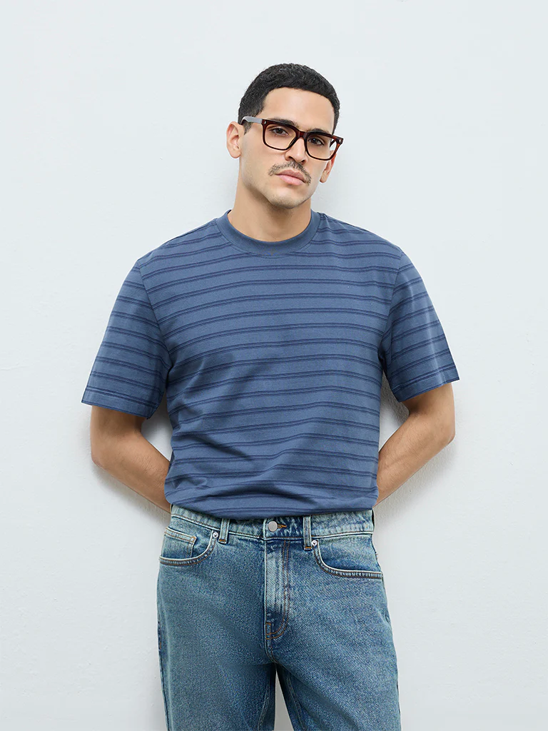 WES Casuals Blue Striped Relaxed-Fit Cotton T-Shirt - Image 3