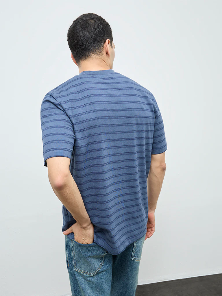 WES Casuals Blue Striped Relaxed-Fit Cotton T-Shirt - Image 5