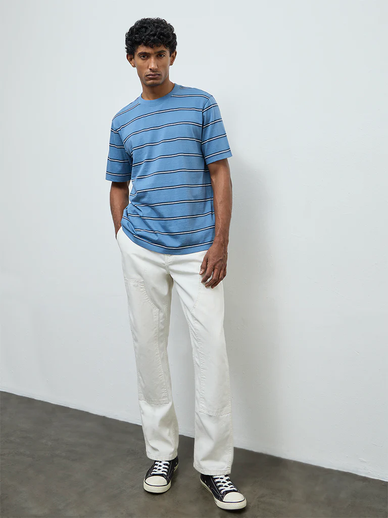 WES Casuals Blue Striped Relaxed-Fit Cotton T-Shirt - Image 3