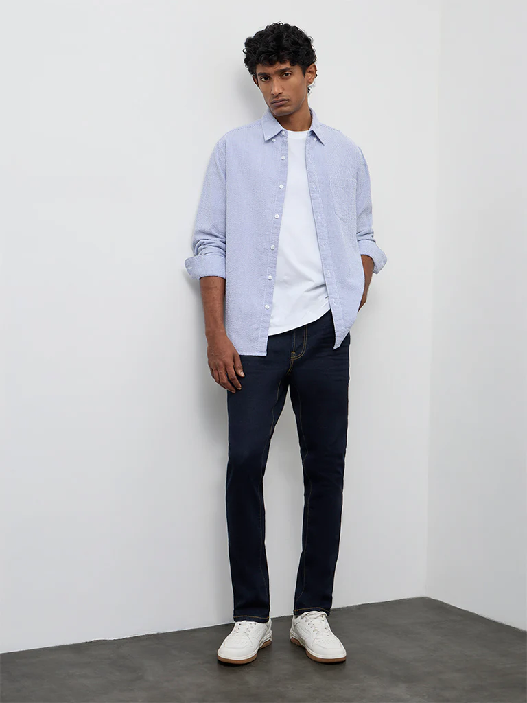 WES Casuals Blue Striped Slim-Fit Cotton Shirt