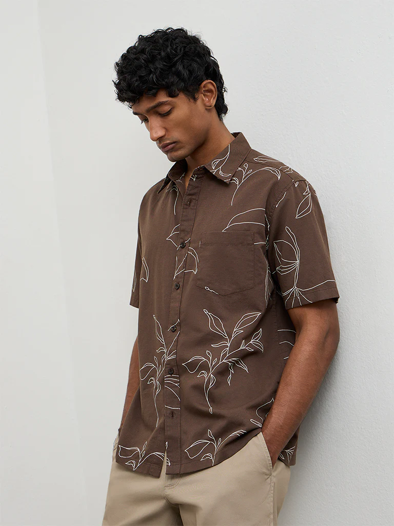 WES Casuals Brown Botanical Printed Relaxed-Fit Cotton-Blend Shirt - Image 2