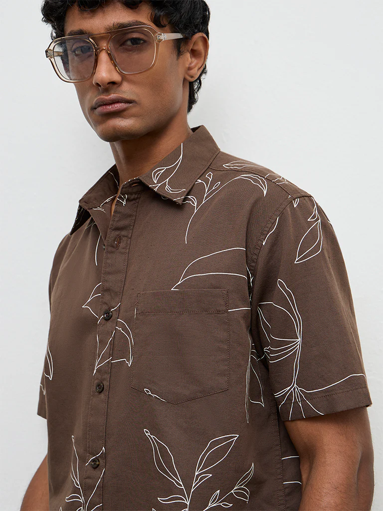 WES Casuals Brown Botanical Printed Relaxed-Fit Cotton-Blend Shirt - Image 3