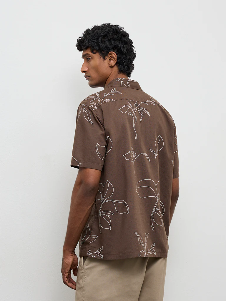 WES Casuals Brown Botanical Printed Relaxed-Fit Cotton-Blend Shirt - Image 4