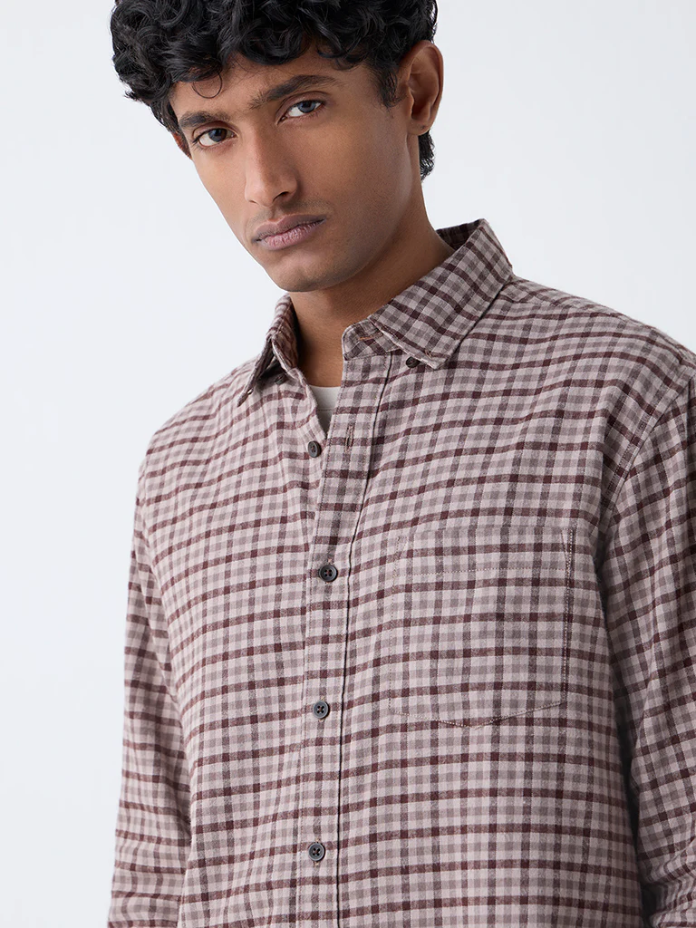 WES Casuals Brown Check Design Relaxed-Fit Cotton Shirt - Image 3