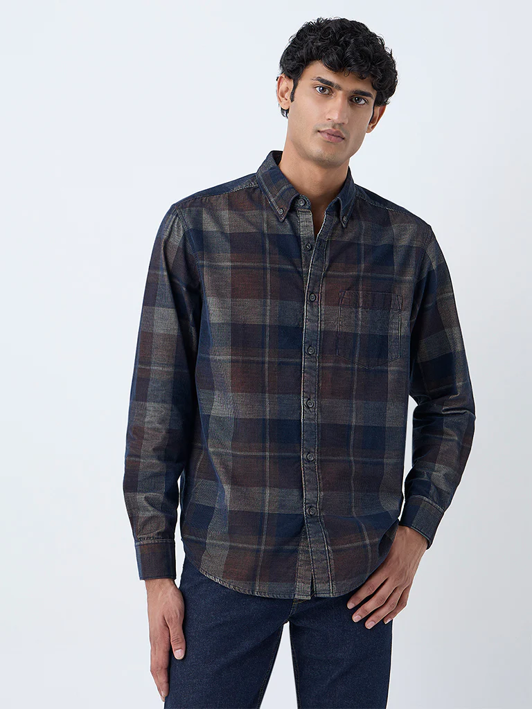 WES Casuals Brown Checkered Relaxed-Fit Cotton-Blend Shirt - Image 2
