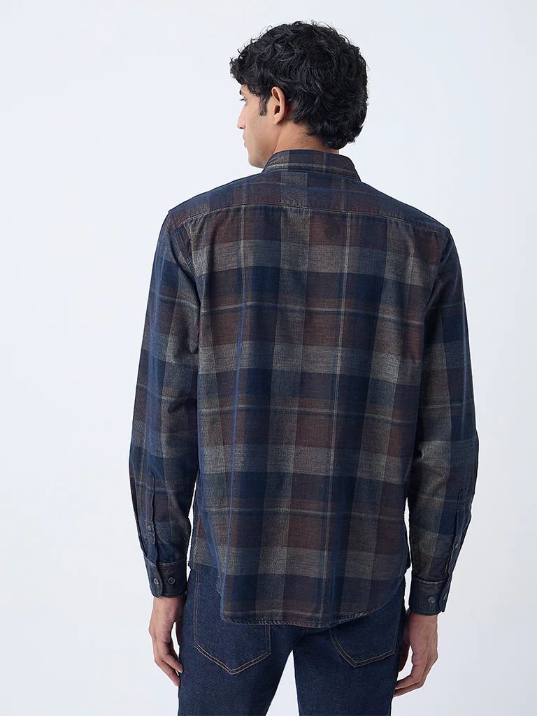 WES Casuals Brown Checkered Relaxed-Fit Cotton-Blend Shirt - Image 4
