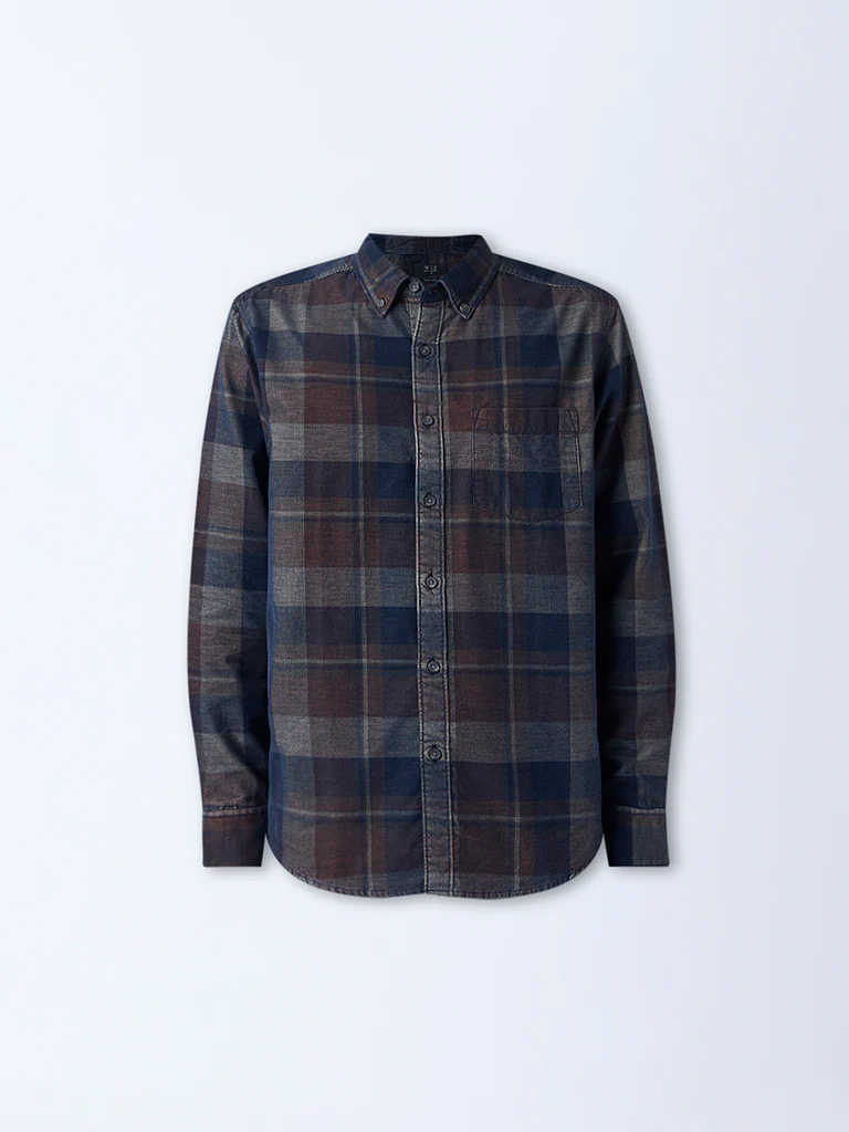 WES Casuals Brown Checkered Relaxed-Fit Cotton-Blend Shirt - Image 5