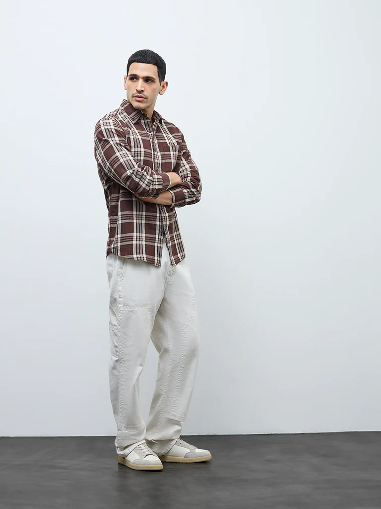 WES Casuals Brown Checkered Relaxed-Fit Cotton-Blend Shirt - Image 3
