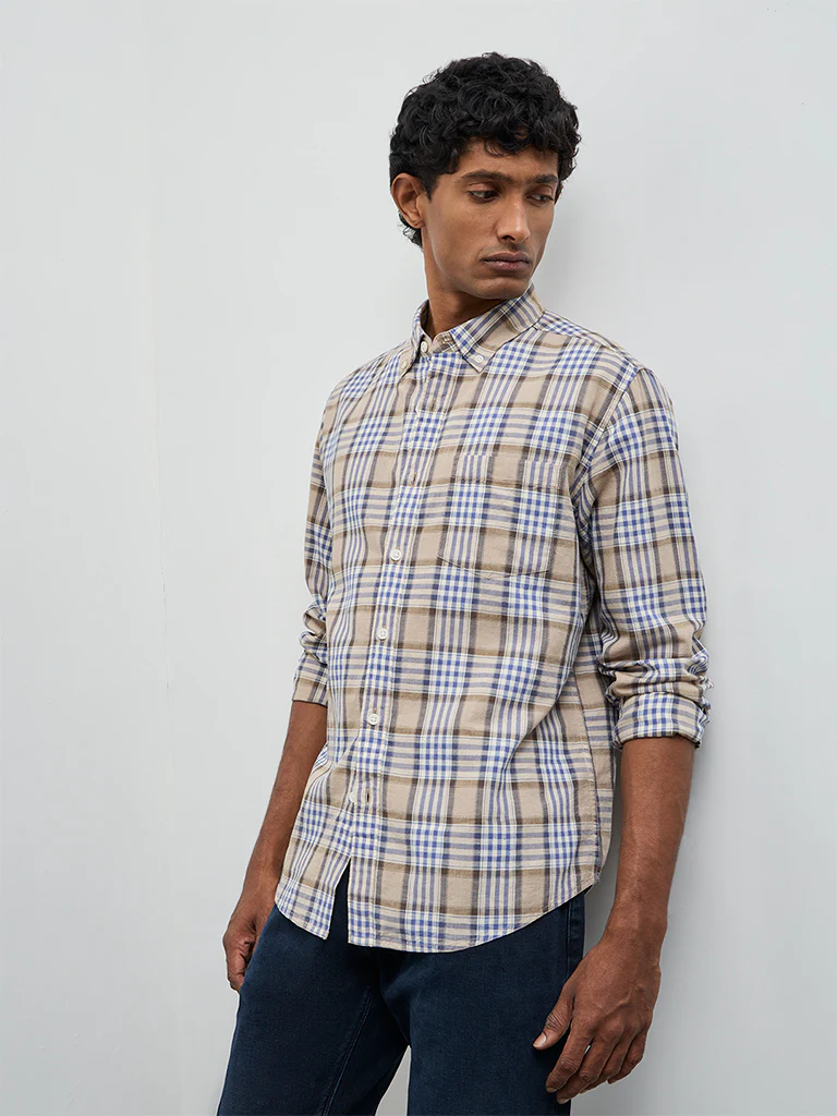 WES Casuals Brown Checkered Relaxed-Fit Cotton-Blend Shirt