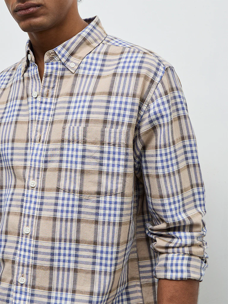 WES Casuals Brown Checkered Relaxed-Fit Cotton-Blend Shirt - Image 3