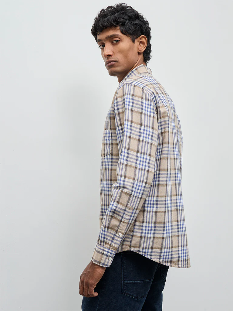 WES Casuals Brown Checkered Relaxed-Fit Cotton-Blend Shirt - Image 4
