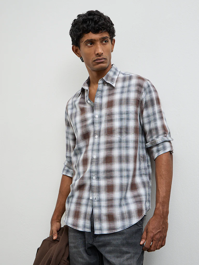 WES Casuals Brown Checkered Relaxed-Fit Cotton-Blend Shirt