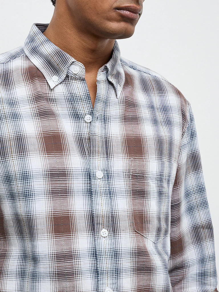 WES Casuals Brown Checkered Relaxed-Fit Cotton-Blend Shirt - Image 3