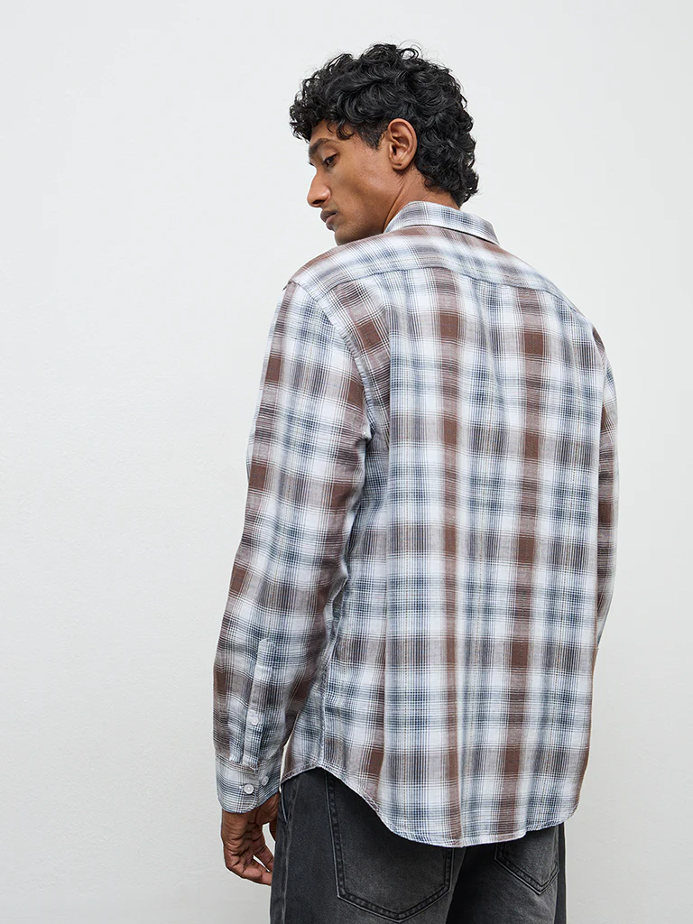 WES Casuals Brown Checkered Relaxed-Fit Cotton-Blend Shirt - Image 4