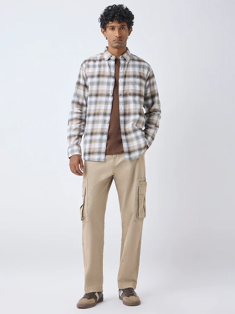 WES Casuals Brown Checks Design Relaxed-Fit Cotton Shirt