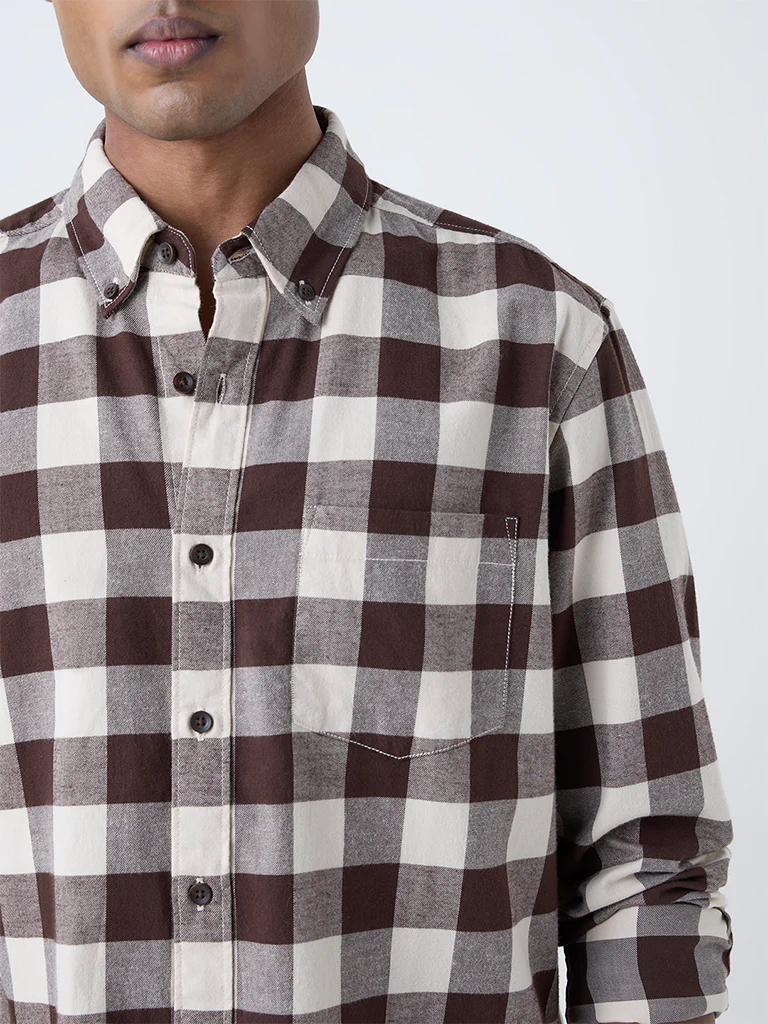 WES Casuals Brown Checks Printed Relaxed-Fit Cotton Shirt - Image 3