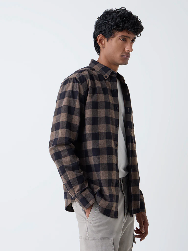 WES Casuals Brown Checks Relaxed-Fit Cotton-Blend Shirt - Image 2