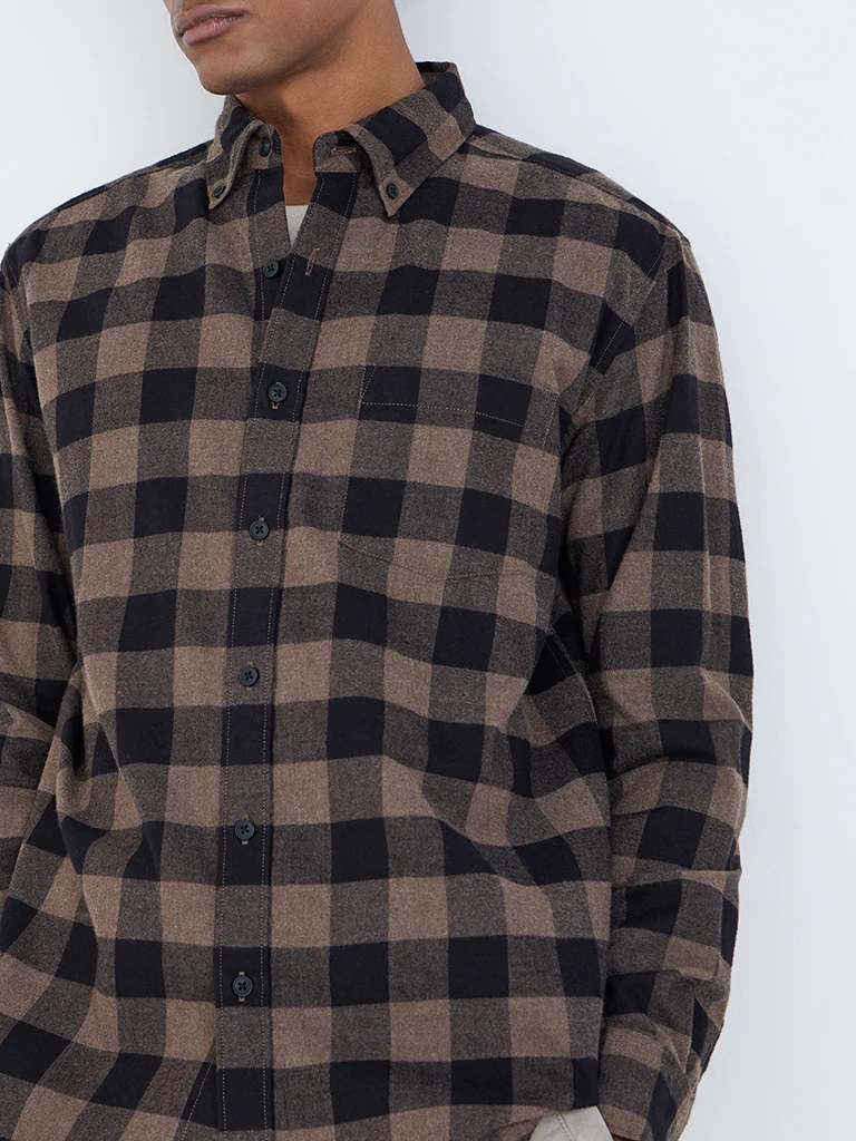 WES Casuals Brown Checks Relaxed-Fit Cotton-Blend Shirt - Image 3