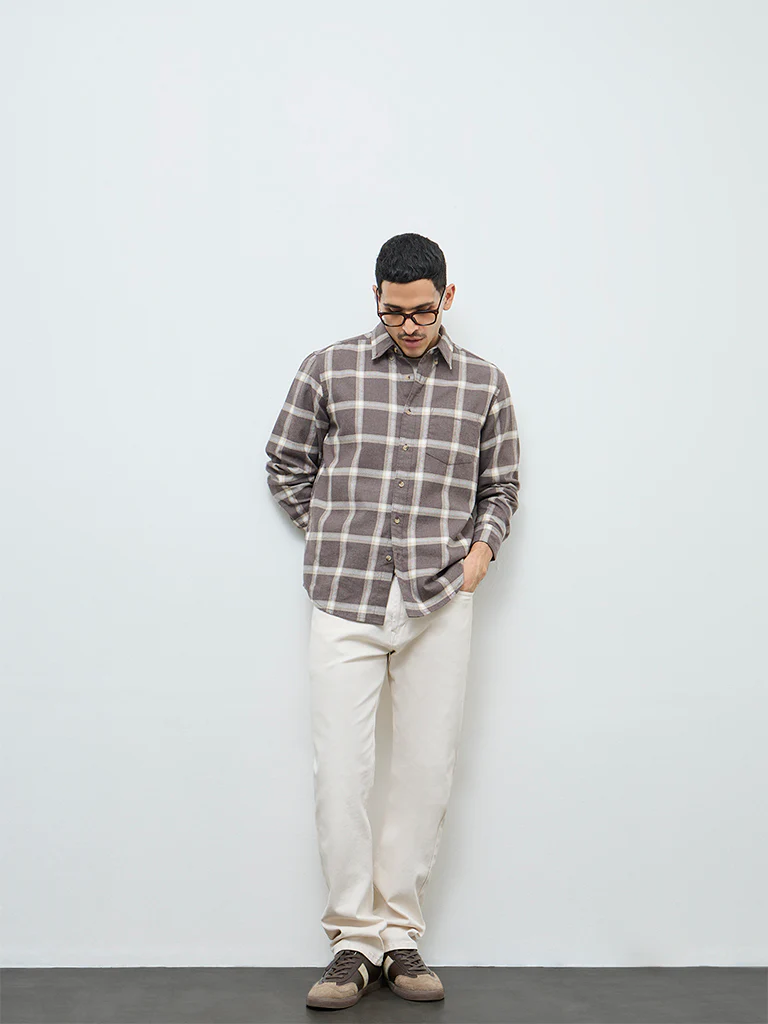 WES Casuals Brown Checks Relaxed-Fit Cotton-Blend Shirt - Image 2
